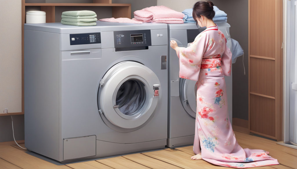洗濯機で浴衣を洗おうとしている女性