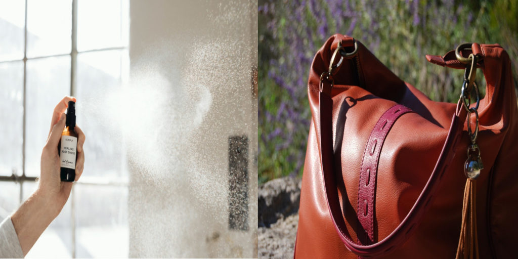 茶色い革バッグと、防水スプレーが並んで置かれている写真