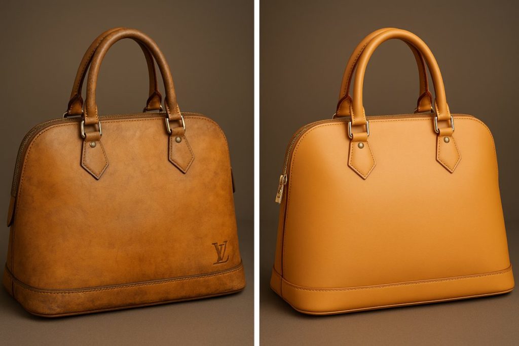色あせと広範囲な黒ずみが見られる革のバッグ（Before）が、専門家による染め直し・補色サービスによって、ムラなく均一なブラウンになり、美しい光沢を取り戻した状態（After）。