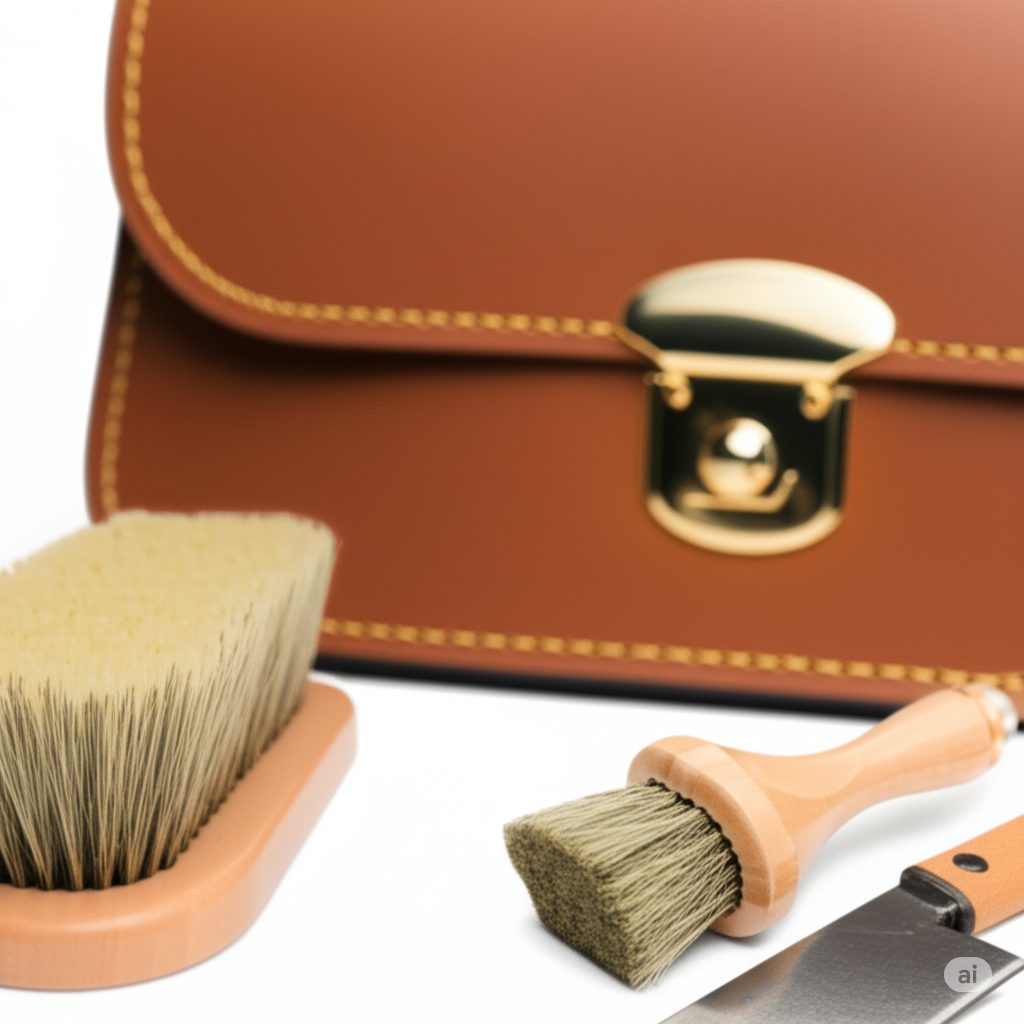 ルイヴィトンバッグのシミ予防に役立つレザーケアブラシと革製バッグ。