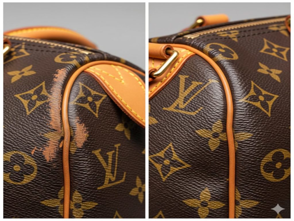 左側は、ルイ・ヴィトンのモノグラム・キャンバスバッグの角が擦れて色が剥がれ、地の茶色が見えているビフォー（Before）の状態のクローズアップ画像。右側は、専門家による補色・染め直しによって、擦れが修復され、元の美しい状態に戻ったアフター（After）のクローズアップ画像。
