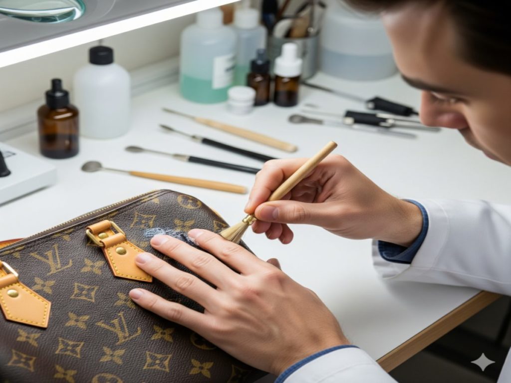 白衣を着た職人が、拡大鏡の下でルイ・ヴィトンのモノグラム・キャンバスのバッグに対し、小さなブラシを使ってシミ抜きなどの精密なクリーニング作業を行っている手元のクローズアップ画像。背景には複数の専門的な薬剤ボトルや道具が並べられている。
