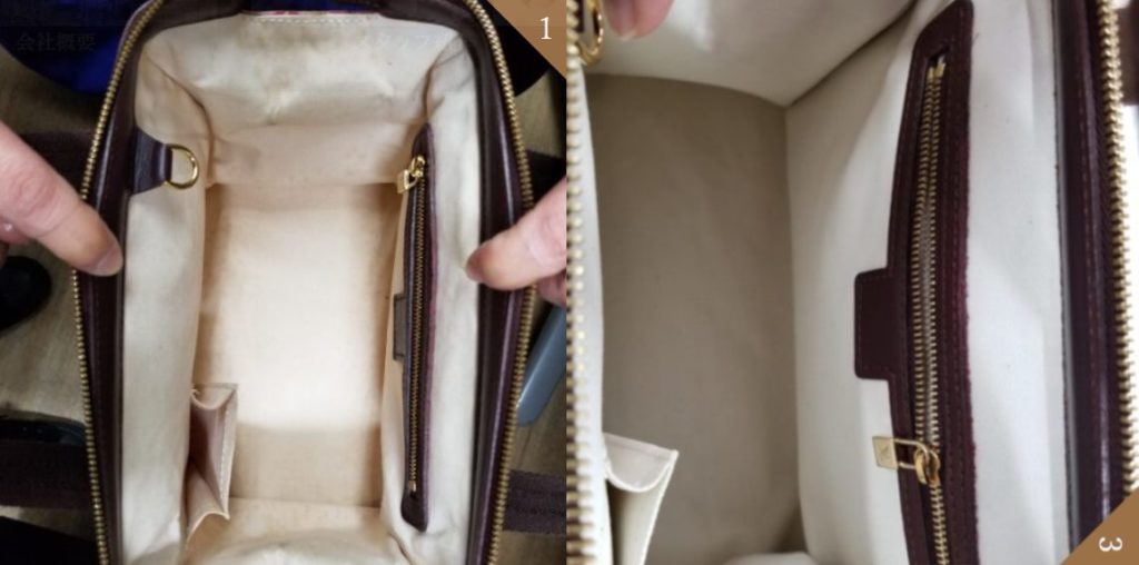 ビフォー・アフター画像。ルイヴィトンバッグの内装にびっしり生えたカビ（ビフォー）が、プロの分解クリーニングと内装交換によってきれいな状態に修復された様子（アフター）。