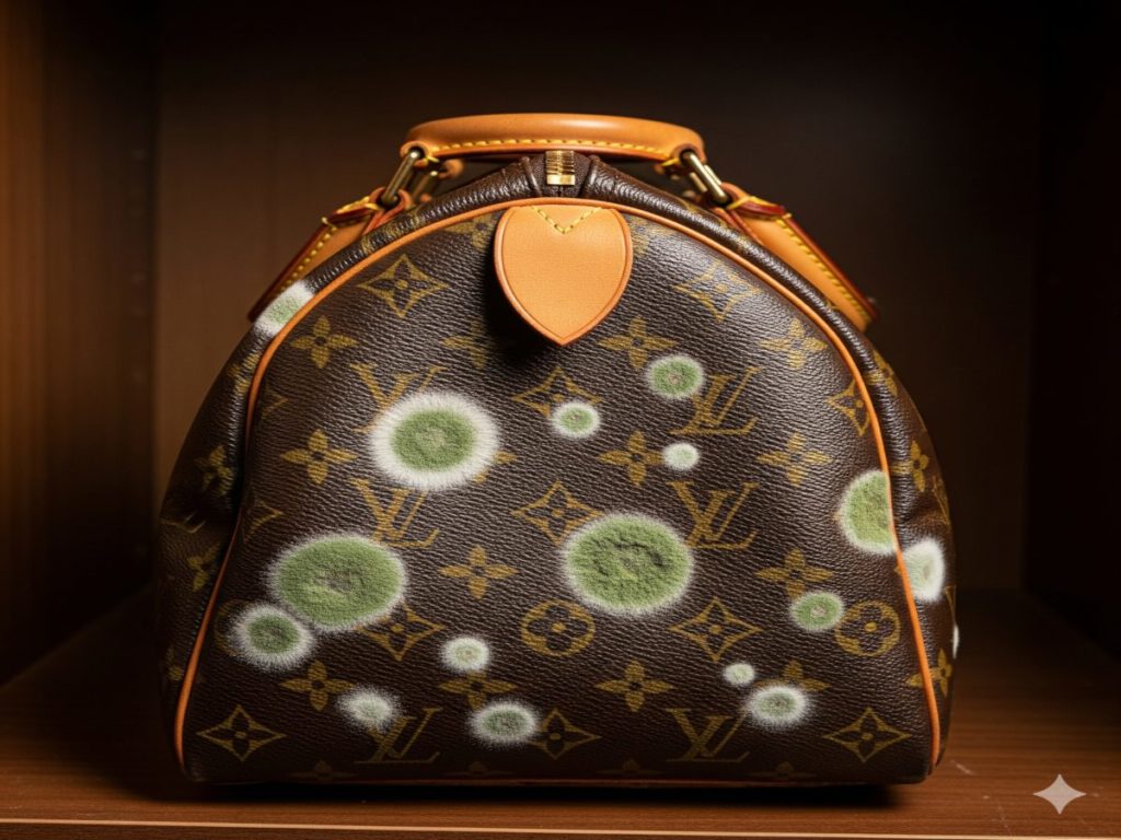 クローゼットに保管中にカビが生えてしまったルイ・ヴィトンのバッグ。緑色と白色の斑点状のカビが確認できる。