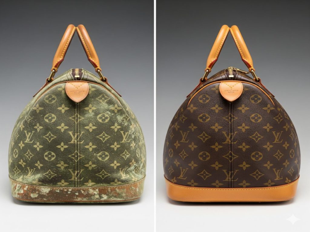 広範囲にカビと汚れが付着し変色したビフォー（Before）のルイ・ヴィトン モノグラム・キャンバスのバッグと、専門家のクリーニングによって汚れが除去され、新品のように美しく蘇ったアフター（After）のバッグを比較する画像。