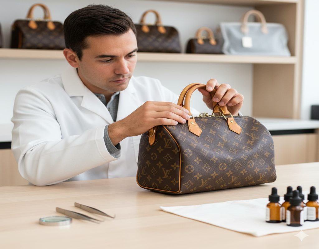 白衣を着た専門家（職人）が、ルイ・ヴィトンのモノグラムバッグを慎重に点検している様子。