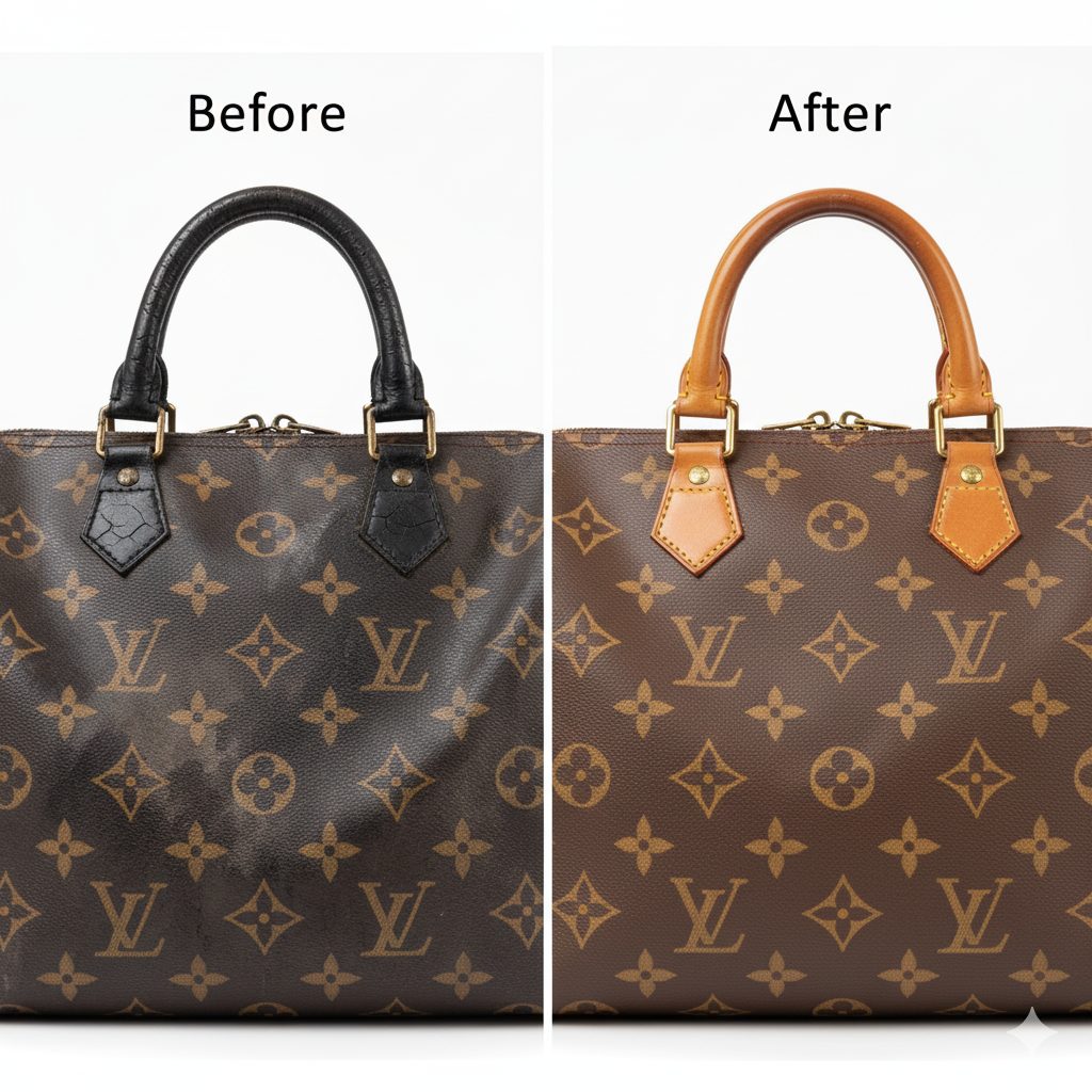 長年の使用でヌメ革が黒ずみ、全体的に劣化が進んでいたルイヴィトンのモノグラムバッグ（Before）。専門家によるクリーニングと修理（ヌメ革の色補正や交換など）により、本来の美しい状態（After）に復元された様子。