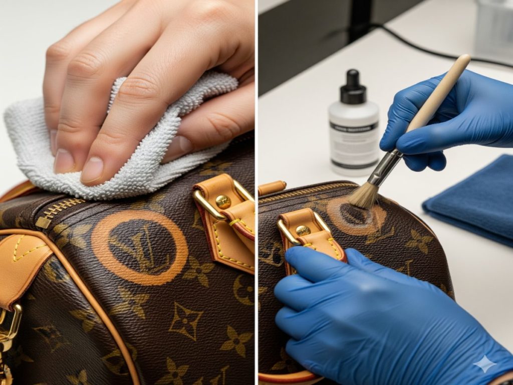 左側は、白い布でルイ・ヴィトンのバッグのシミを自分で擦っている人の手元。右側は、青い手袋をはめた専門家が、専用のブラシと薬剤を使って丁寧にシミを修復している作業風景。セルフケアとプロの技術の違いを対比した画像。