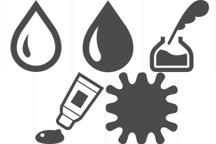 ルイヴィトンバッグにできるシミのアイコン。水滴（水シミ）、油滴（油染み）、羽ペン（インク）、絵具（色移り）、汚れ（カビ）の5種類のイラストが並んでいる。