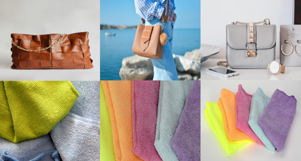 様々な素材のルイヴィトンを連想させる３つのバッグと、お手入れに使う３枚の布の画像