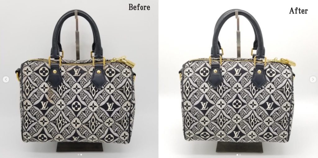 汚れやくすみのあったビフォー（Before）の状態と、プロのクリーニングで白と黒のコントラストが鮮やかに蘇ったアフター（After）の状態を比較した、ルイ・ヴィトンのモノグラム・ジャガードスピーディバッグの画像。
