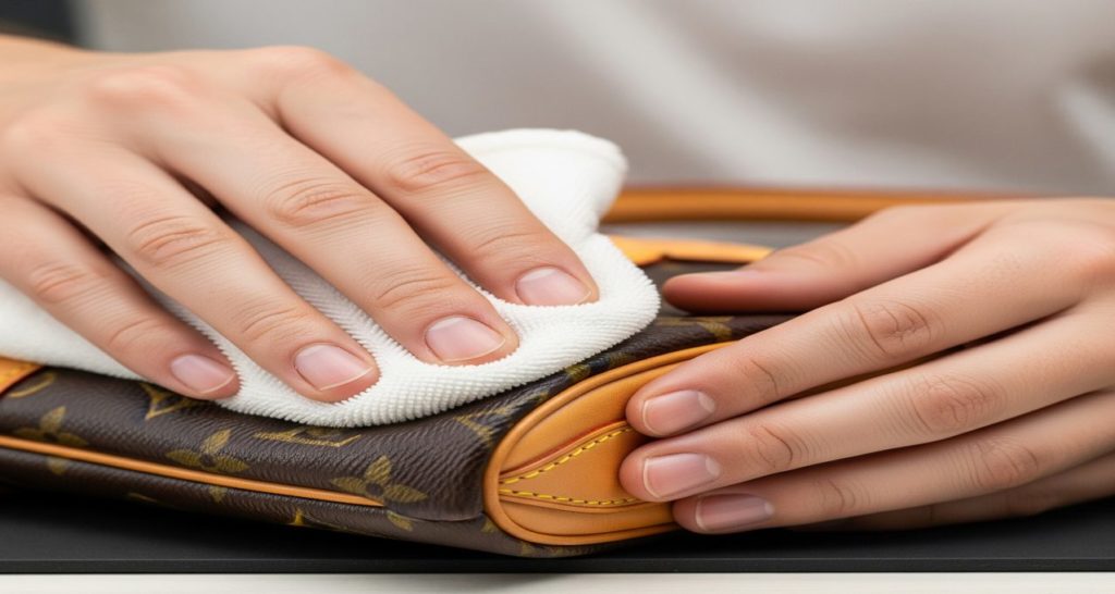ルイ・ヴィトンのヌメ革を柔らかい布で磨き、お手入れしている様子。