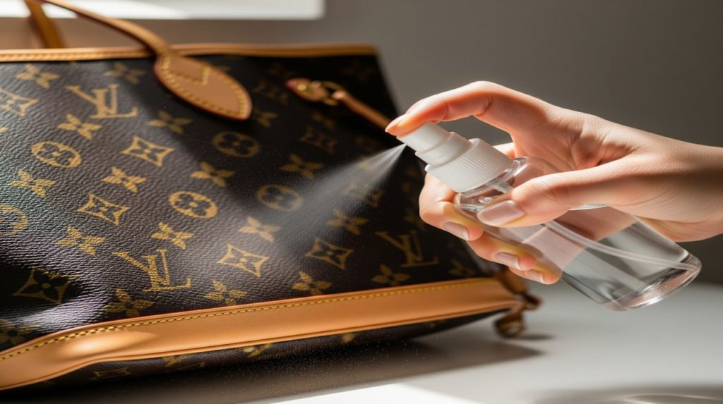 ルイヴィトンのヌメ革に、防水スプレーを吹きかけてお手入れしている様子。