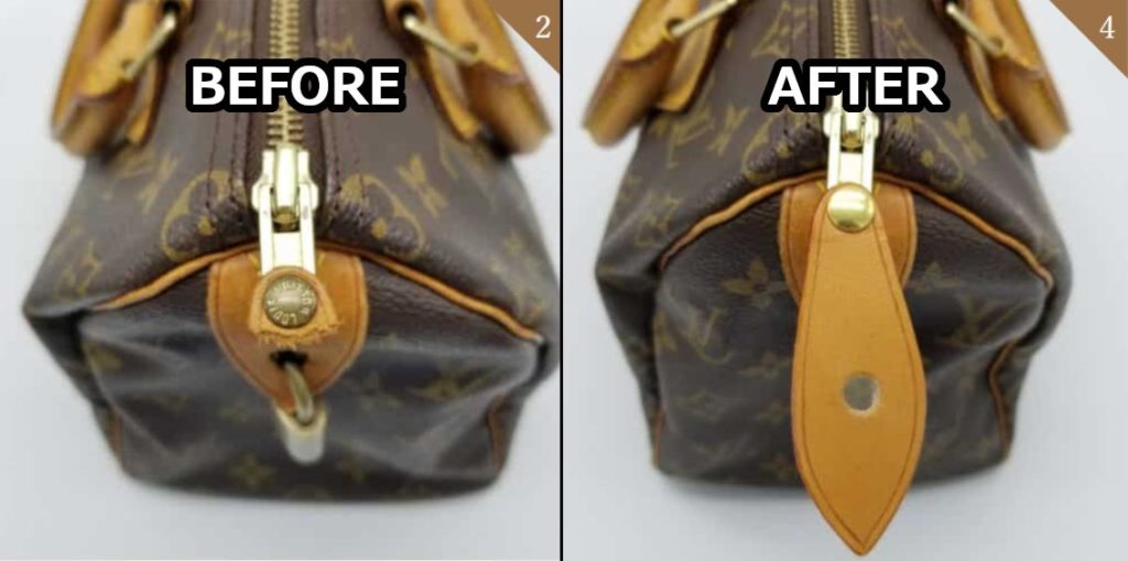 ルイヴィトン スピーディのヌメ革がちぎれてしまった修理前と、新しいヌメ革に交換された修理後のビフォーアフター画像