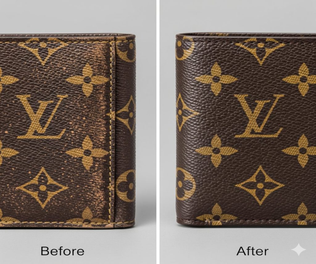 汚れやくすみのあるビフォー（Before）の状態と、クリーニングで美しく蘇ったアフター（After）の状態を比較したルイ・ヴィトンの財布の画像。