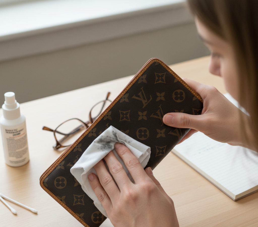 ルイ・ヴィトンのモノグラム柄の財布を、汚れた白い布で拭いている女性の手元。背景にはメガネやスプレーボトルが見える。