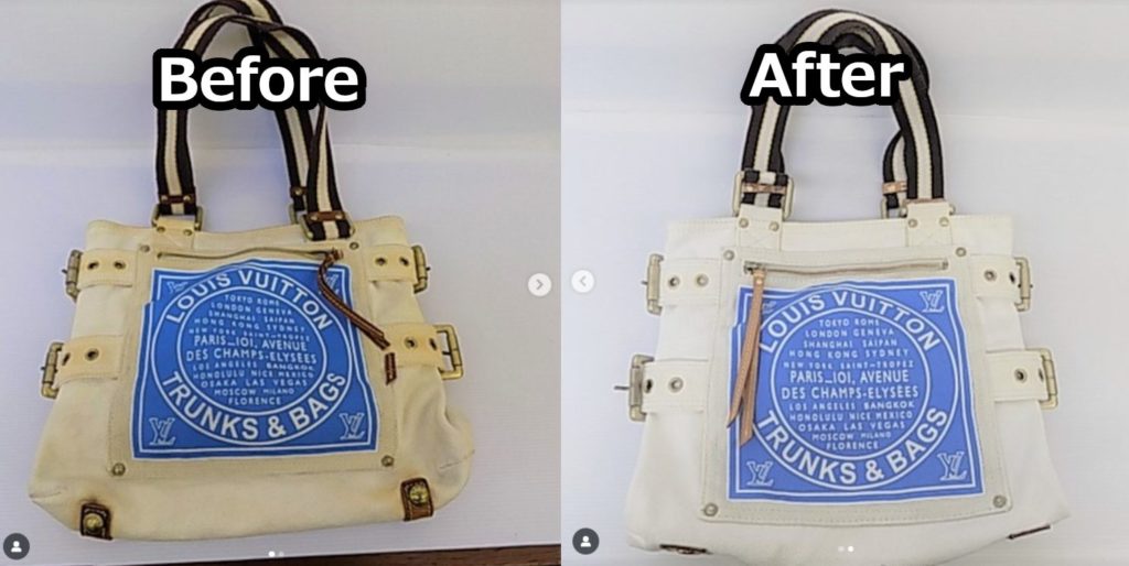ルイヴィトンの白いバッグ（モノグラム・アンプラントなど）の黄ばみ除去ビフォーアフター。特殊漂白により、全体的な黄ばみが取れて、清潔感のある真っ白な状態にクリーニングされた様子。