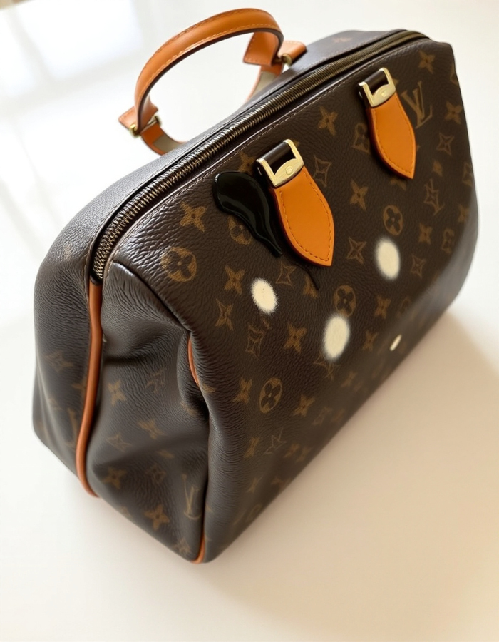 ルイヴィトンのモノグラムバッグ。キャンバス地の表面に、白い粉状のシミや斑点が複数付着している様子。カビや乾燥による汚れと推測される。