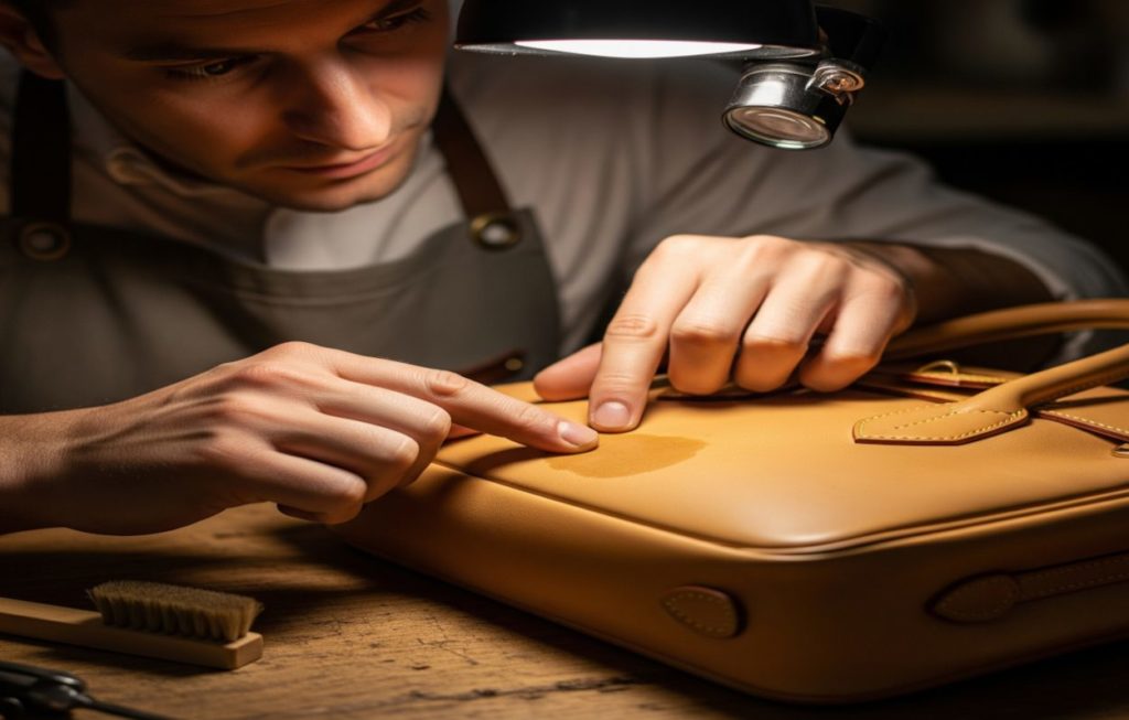 プロの職人が、ルーペを使ってルイ・ヴィトンのヌメ革にできた水シミを慎重に調べている様子。