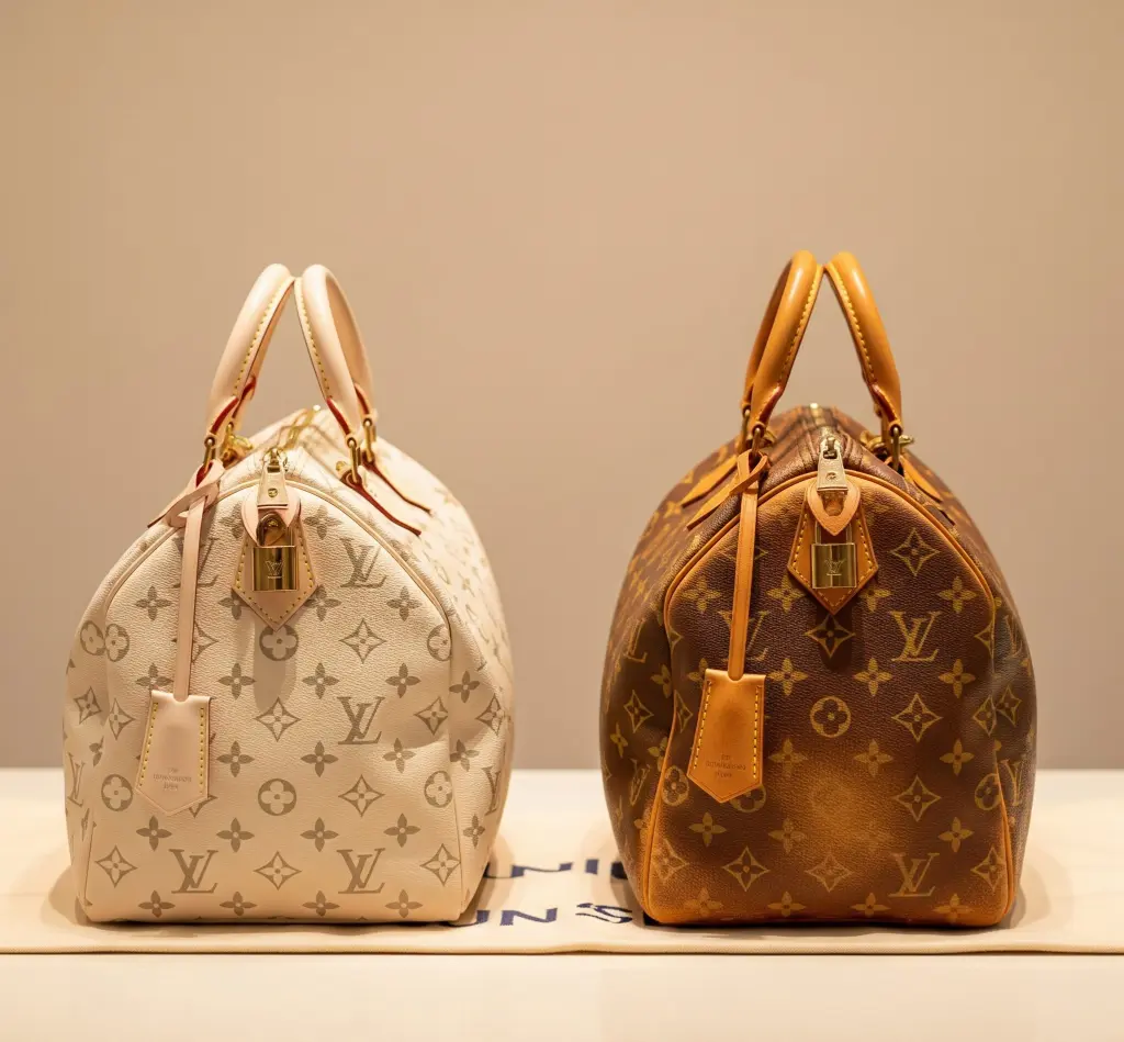 新品の白いヌメ革と、使い込まれて濃い飴色になったヌメ革のルイ・ヴィトンバッグのビフォーアフター比較画像。