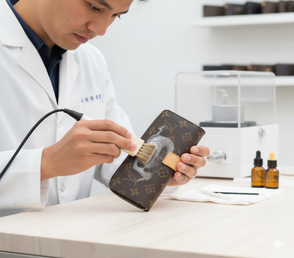 白衣を着た日本の男性職人が、泡状のクリーナーとブラシを使い、ルイ・ヴィトンのモノグラム柄の財布を専門の作業台でクリーニングしている様子。