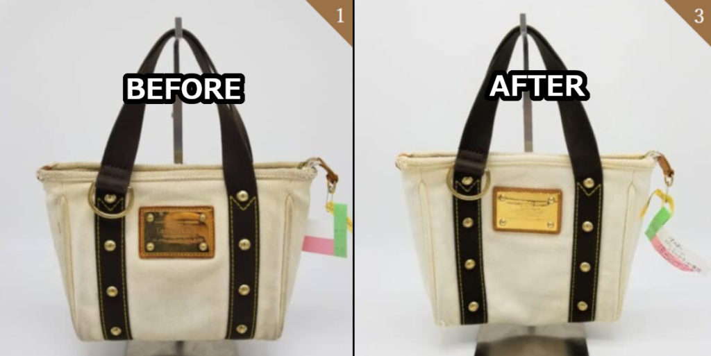 黄ばみやシミがあった白いバッグが、専門のクリーニングで新品同様に蘇ったビフォーアフターの写真