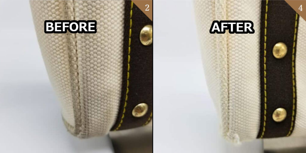 白いバッグの角にできた黒ずみが、専門の技術で除去され、本来の白さを取り戻した写真