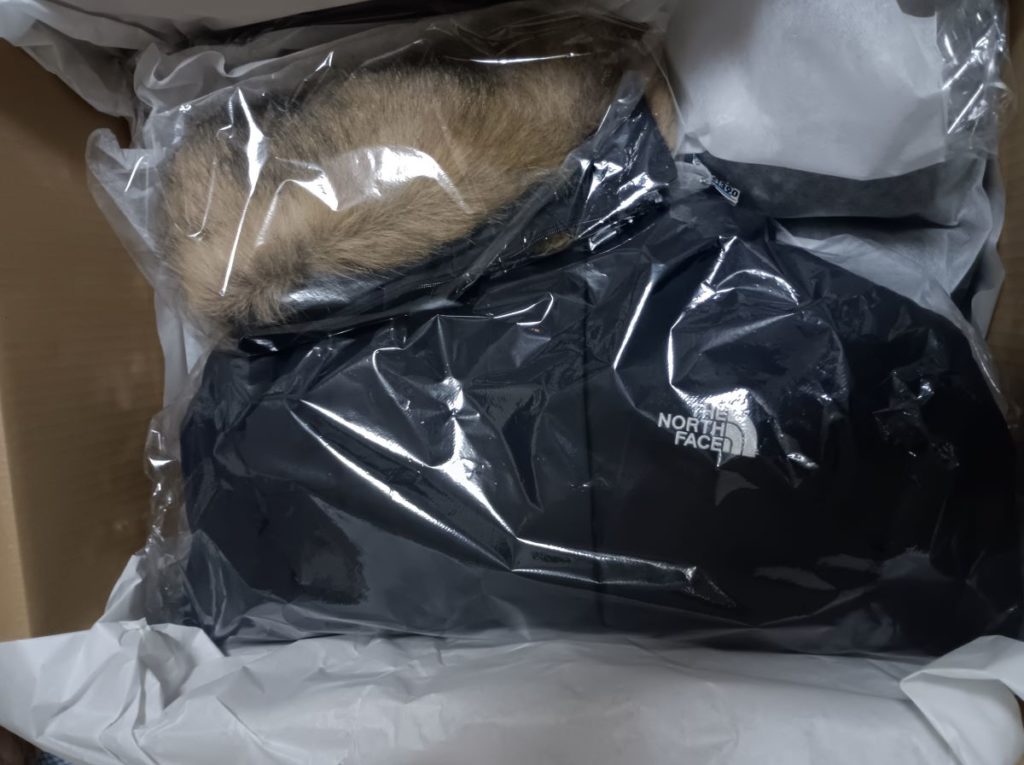 ダンボールの中に入っているきれいなビニールで包装されたノースフェイスダウンの写真。