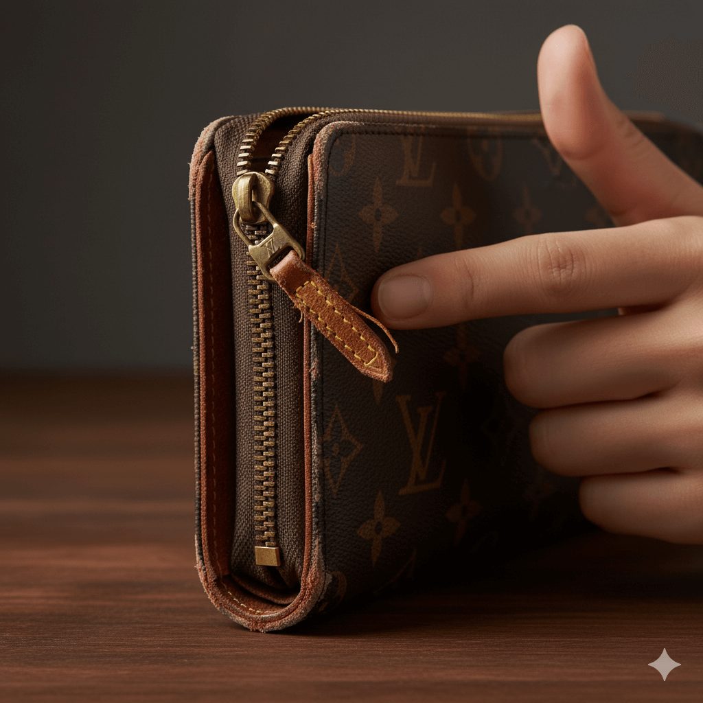 ファスナーが壊れ、角のコバが剥がれたルイヴィトンのモノグラム長財布のクローズアップ画像