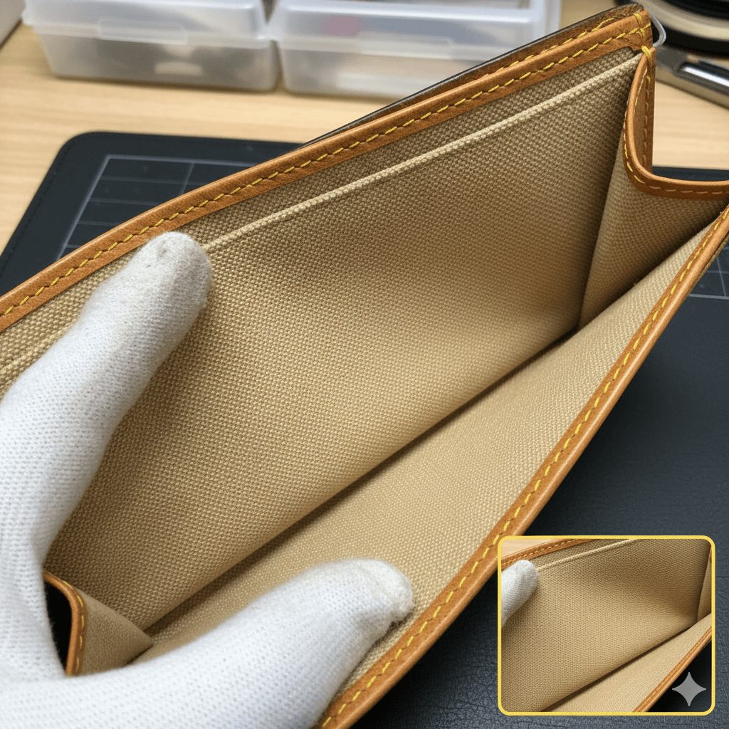 ルイヴィトンの財布の内張りが、ベタつきから解放され新しい布地素材に交換された修理後の状態。ひらいしやの職人が再発しないよう丁寧に仕上げた様子。