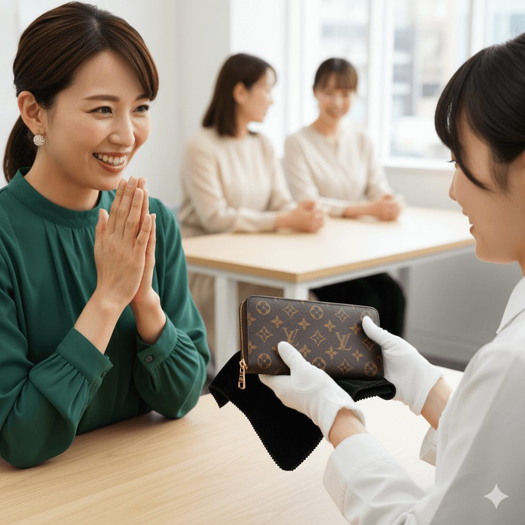 修理が完了したルイヴィトンの財布を女性スタッフがお客様に手渡し、お客様が笑顔で喜んでいる様子。リペアシングの安心感と仕上がりの満足感が伝わる。