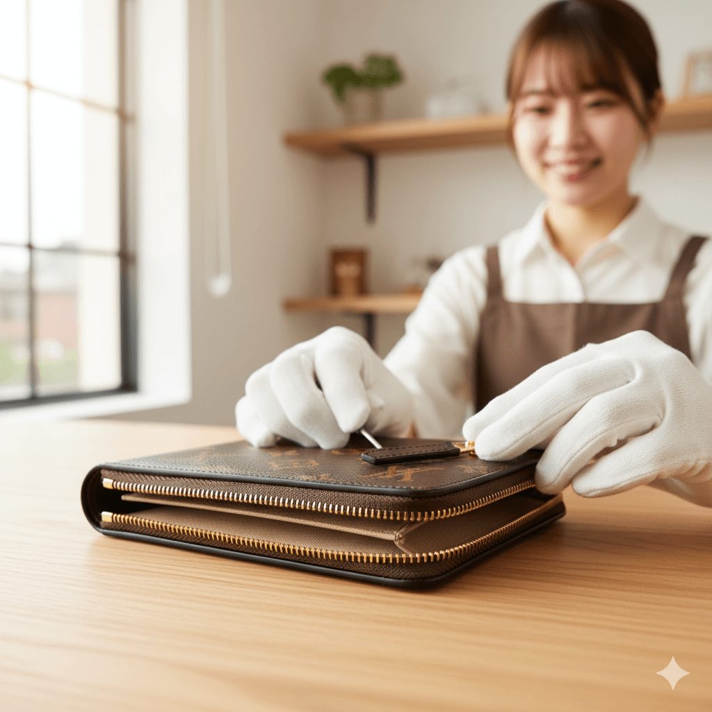 修理完了したルイヴィトンの財布を女性スタッフが最終チェック。リペアシングの細やかな技術と、新品同様の美しい仕上がりが伝わる。