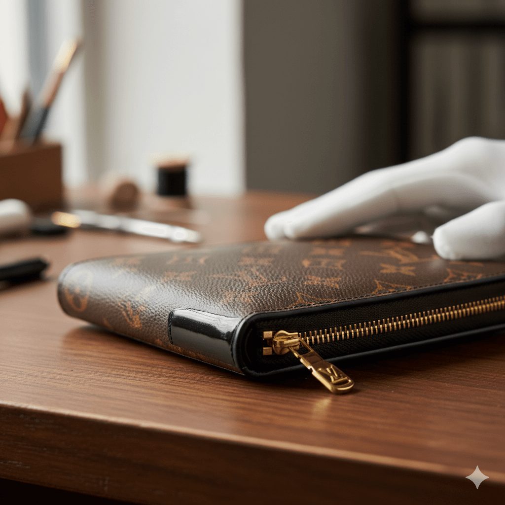 ルイヴィトンの財布の修理後のコバとファスナーのクローズアップ。修理専門店ひらいしやの職人が丁寧に仕上げ、新品同様に蘇った様子。