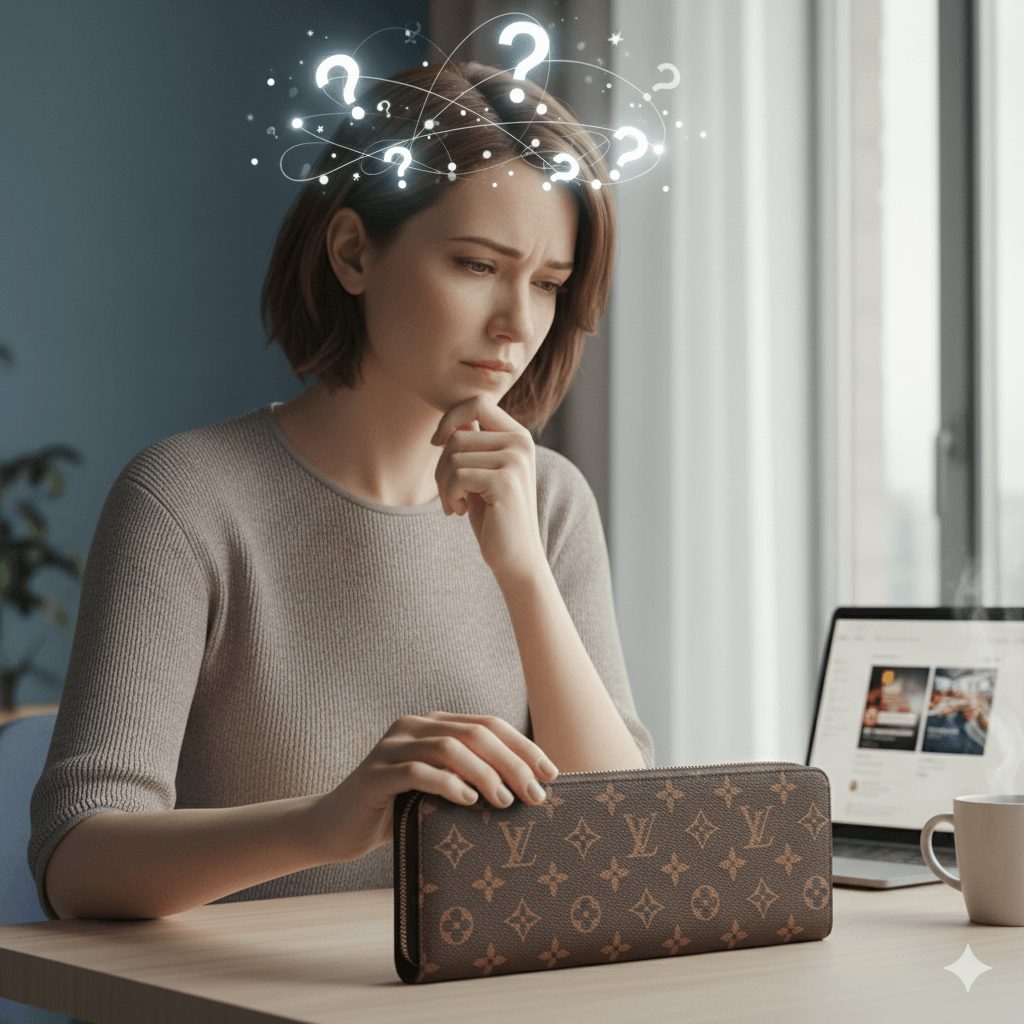 ルイヴィトンの財布を前に、複数の修理選択肢について思案する女性の画像