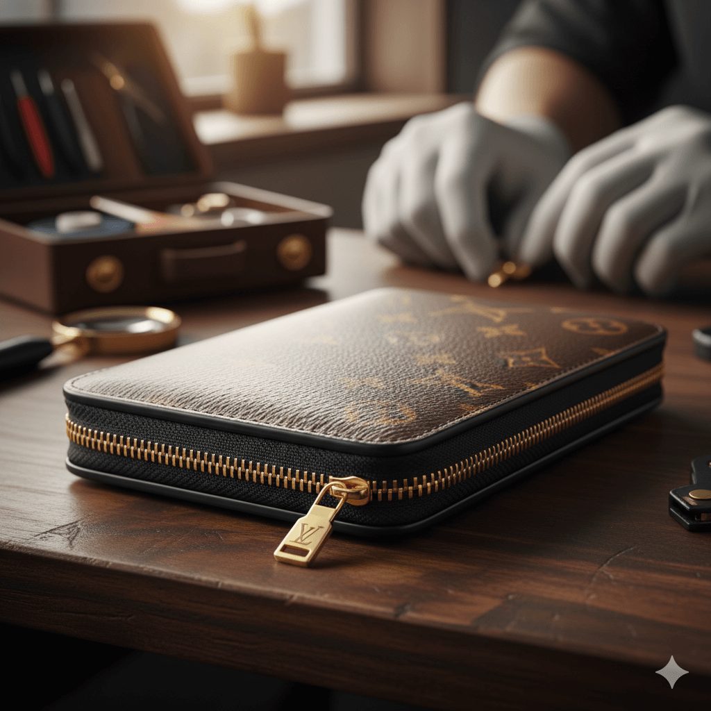 修理が完了し、新品同様に輝くルイヴィトンの財布のファスナーとスライダーのクローズアップ。ひらいしやの職人が丁寧に修理を終えた様子。