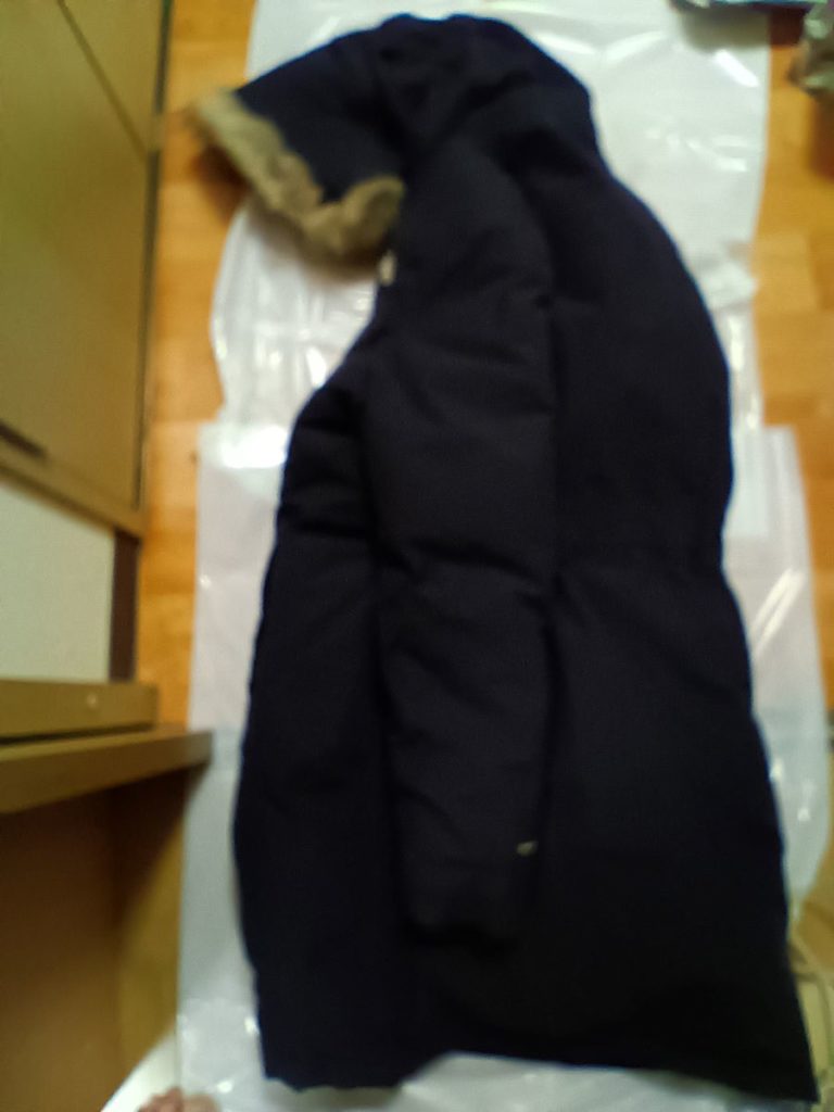 プロショップひらいしやでクリーニングしたノースフェイスダウンを左側面から撮った写真。