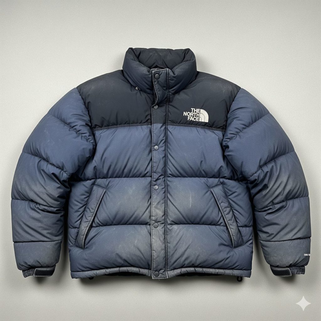 全体的にくすんで見え、ボリュームがやや失われているノースフェイスダウン。長年の着用で蓄積された汚れやへたりを表現した写真。