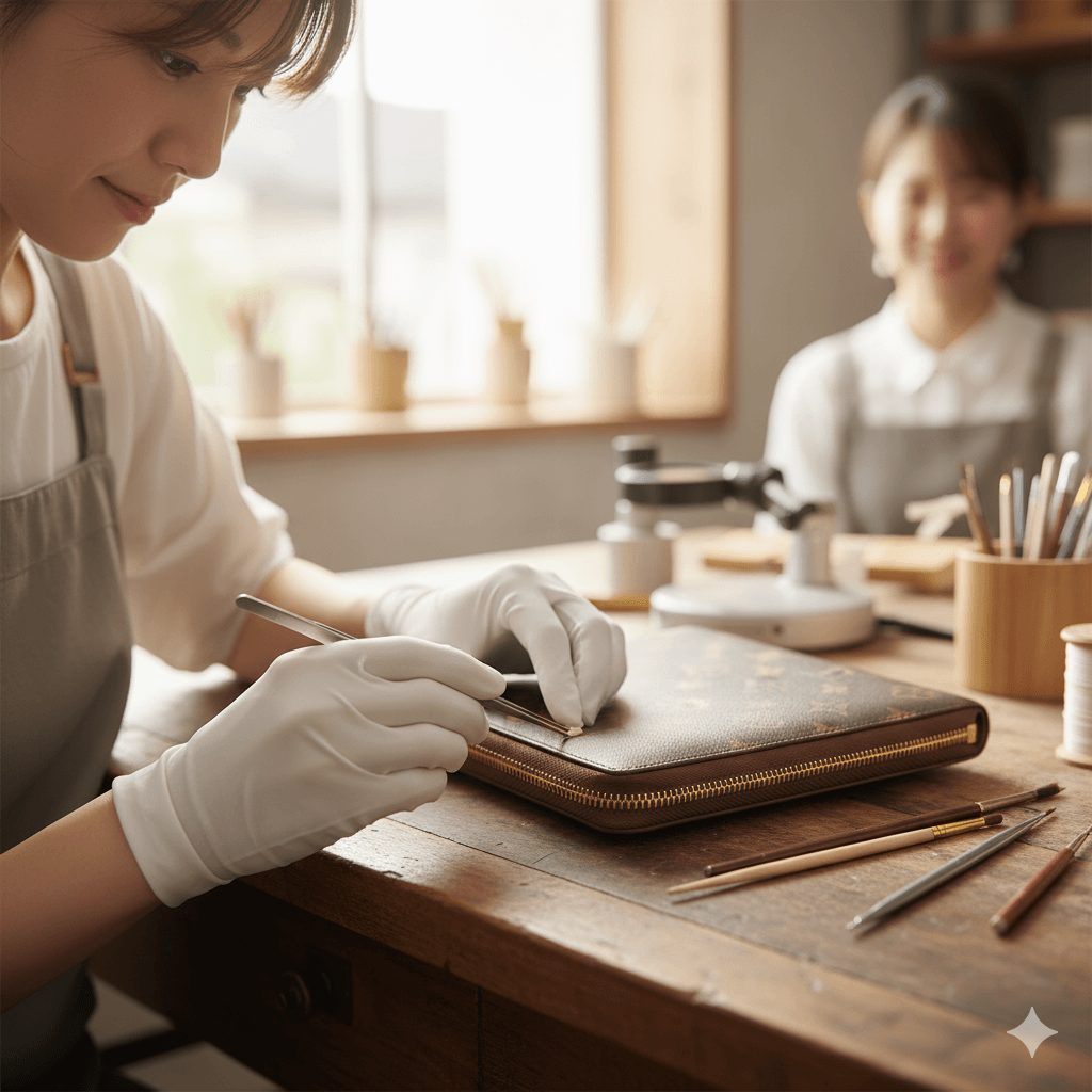ルイヴィトンの財布を女性スタッフが優しく丁寧に修理する様子。リペアシングの工房で、安心感のある手作業のクローズアップ。