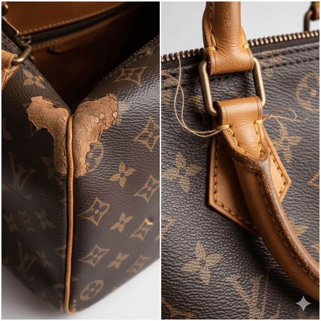 持ち手のひび割れや、内張りのベタつき・剥がれが見られるルイヴィトンのバッグ。長年愛用したバッグの深刻な劣化状態を示す問題提起の画像。