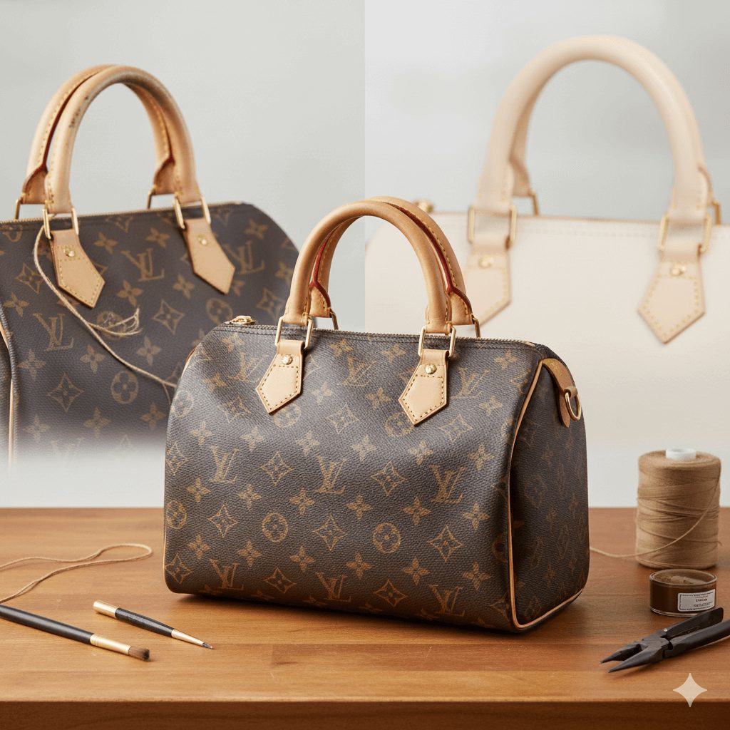 修理されたルイヴィトンのバッグ（スピーディ）が手前にあり、背景には修理前の劣化と職人の道具が配置されているアイキャッチ画像。「もう一度愛用したい」という希望を感じさせる一枚。