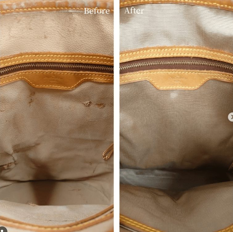 加水分解でベタつき粉吹き状態だったルイヴィトンバッグの内張りを、耐久性の高いシャンタン生地に張り替えたビフォーアフター。リペアシングの確かな技術力を示す。