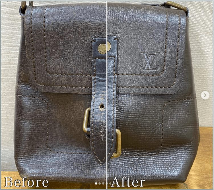 大きく擦れて白く目立っていたルイヴィトンバッグの側面を、周囲の色に合わせて繊細にカラー補正し、外装の美しさを回復させたリペアシングのビフォーアフター。