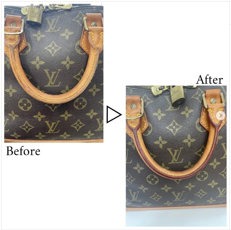 剥げていたルイヴィトンバッグの持ち手部分のコバ(縁)を、職人の手作業で丁寧に塗り直し、バッグ全体の高級感を回復させたリペアシングのディテール修理事例。