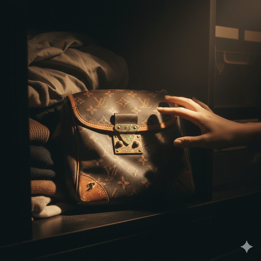 クローゼットの奥にしまい込まれ、長年放置されたルイヴィトンバッグ。ボロボロのバッグを見せるのが恥ずかしく、修理を諦めてしまった状態を象徴する画像。