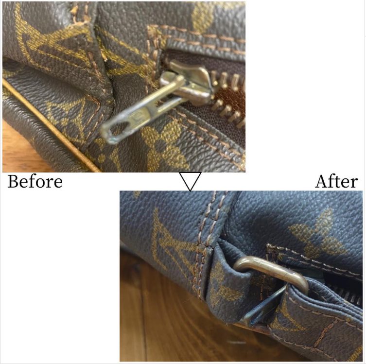 根元からちぎれてしまったルイヴィトンバッグの根革を、内側から補強し再縫製することで、構造的な強度を回復させたリペアシングの修理事例。