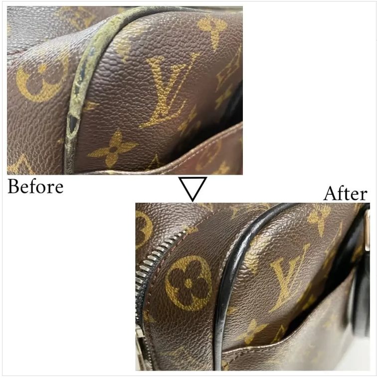 擦り切れて内部が見えていたルイヴィトンバッグのパイピング(縁取り)を補修し、強度を回復させたビフォーアフター。リペアシングの耐久性向上の修理事例。