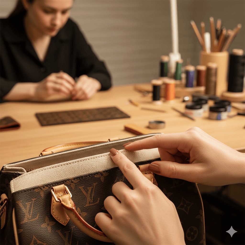 女性の指先が優しく触れる、綺麗に張り替えられたルイヴィトンバッグの内装。リペアシングの女性スタッフによる安心感と、ベタつき修理の専門技術の高さを示す画像。