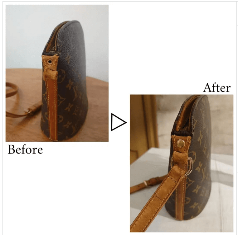 根元からちぎれたルイヴィトンバッグのストラップを、元の革を最大限に活かして裏側から補強し、強度と美しさを回復させたリペアシングの修理事例。