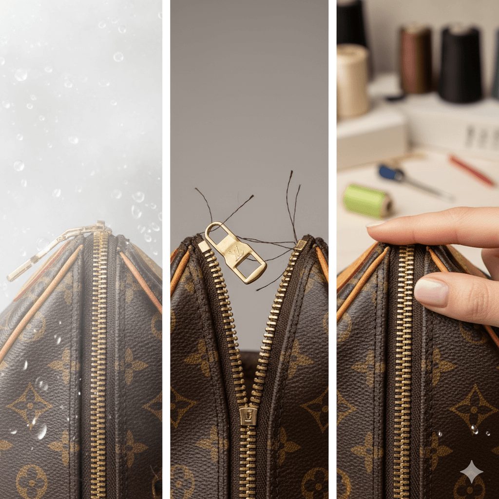 ルイヴィトンバッグのファスナー修理に関する3分割のイメージ。中央の故障部分に対し、左のトータル再生と右の女性スタッフによる安心感の2つの解決策を比較するアイキャッチ画像。