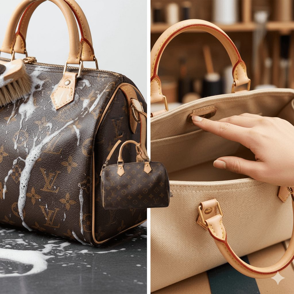 左右に分割されたルイヴィトンバッグの修理イメージ。左側は丸洗いクリーニング、右側は女性スタッフによる丁寧な点検を示し、ひらいしやとリペアシングの2つの専門業者を比較するアイキャッチ画像。